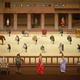 A group of pixelated gladiators stand together in an arena.